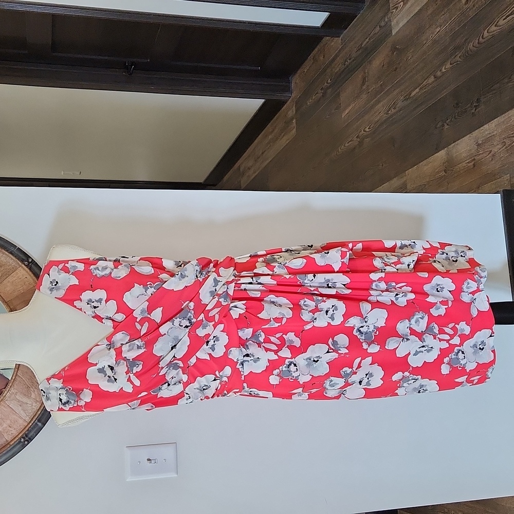 Chaps Coral Pink Floral Wrap Midi Dress